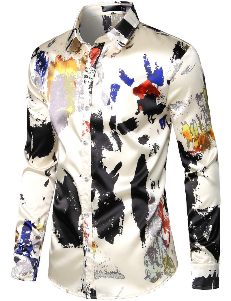 ZEROYAA Men's Hipster Splash Ink Design Silk Like Satin Button Down Dress Shirt for Party Prom ZLCL12-Beige XX-Large - Image 3
